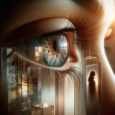 The primary subject of the image is a close-up of a person's eye, with a detailed view of the iris and pupil. The setting is a room with a window, and the visual style is digital art. The colors and mood of the image are warm and inviting, with the eye being the focal point of the composition.